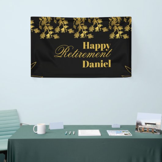 Modern Elegant Bloemen Goud Zwart Pensioenfeest Spandoek (Beurs)