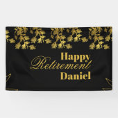 Modern Elegant Bloemen Goud Zwart Pensioenfeest Spandoek (Horizontaal)