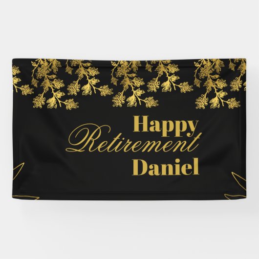Modern Elegant Bloemen Goud Zwart Pensioenfeest Spandoek (Horizontaal)