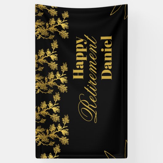 Modern Elegant Bloemen Goud Zwart Pensioenfeest Spandoek (Verticaal)