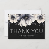 Modern Elegant Bloemen Zwart Bruiloft Bedankkaart (Voorkant)