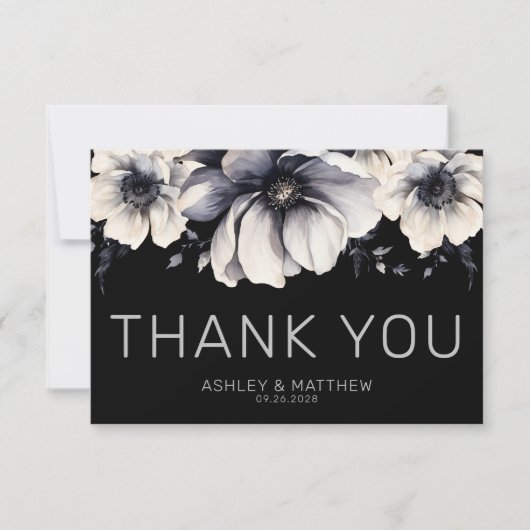 Modern Elegant Bloemen Zwart Bruiloft Bedankkaart (Voorkant)