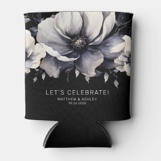 Modern Elegant Bloemen Zwart Bruiloft Favor Blikjeskoeler (Voorkant)