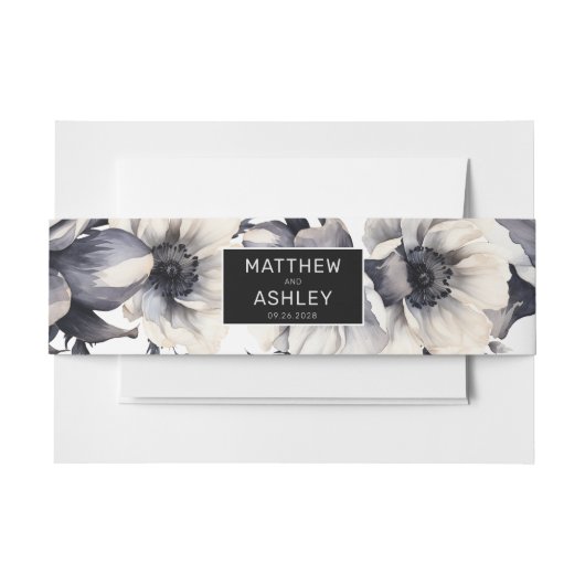 Modern Elegant Bloemen Zwart Bruiloft Uitnodigingen Wikkel (Voorkant Voorbeeld)