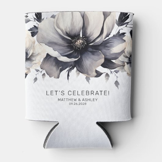 Modern Elegant Bloemen Zwart Wit Bruiloft Blikjeskoeler (Voorkant)
