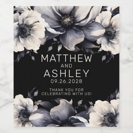 Modern Elegant Bloemen Zwart Wit Bruiloft Wijn Etiket (Enkel label)