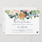 Modern elegant bloemengoud navy graduatie party kaart (Voorkant)