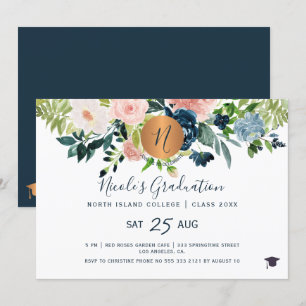 Modern elegant bloemengoud navy graduatie party kaart