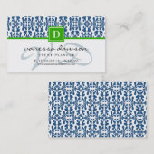 Modern Elegant Blue Arabesque Damask Monogram Visitekaartje (Voorkant / Achterkant)