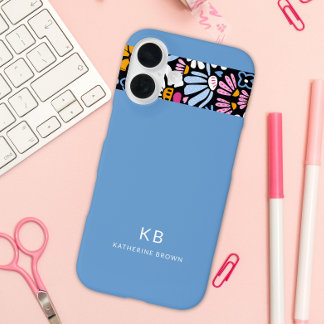 Modern Elegant Blue Black Floral Pattern  iPhone 16 Hoesje