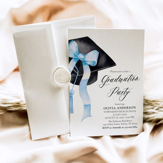 Modern Elegant Blue Bow Graduation Cap Afstuderen Kaart