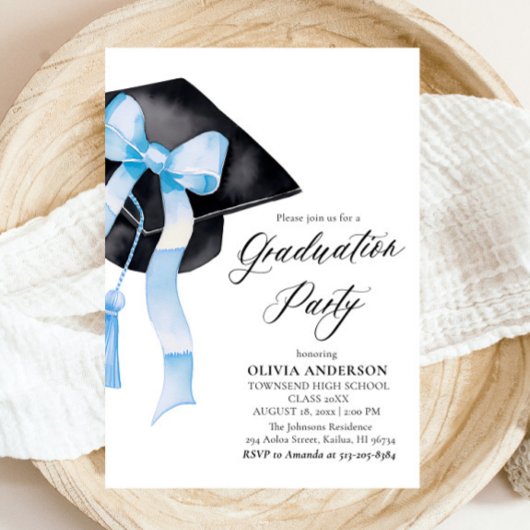 Modern Elegant Blue Bow Graduation Cap Afstuderen Kaart