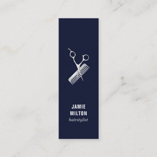 Modern Elegant Blue Faux Silver Scissor Comb Mini Visitekaartje (Voorkant)