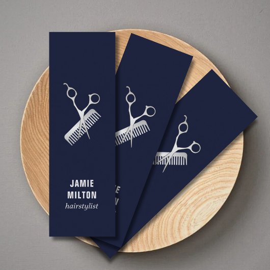 Modern Elegant Blue Faux Silver Scissor Comb Mini Visitekaartje