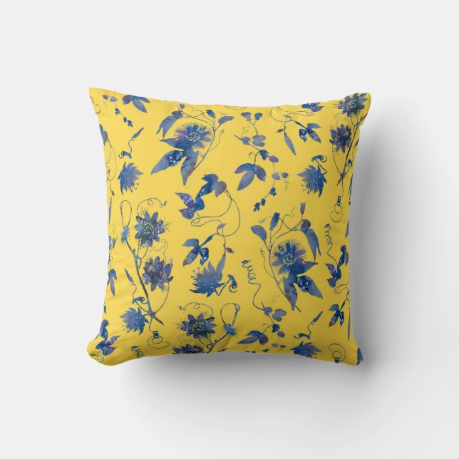 Modern Elegant Blue Flowers Mustard Yellow Kussen (Voorkant)
