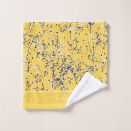 Modern Elegant Blue Flowers Mustard Yellow Name Bad Handdoek (Wasdoekje)