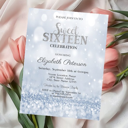 Modern Elegant Blue Glitter Bokeh Sweet 16 Kaart