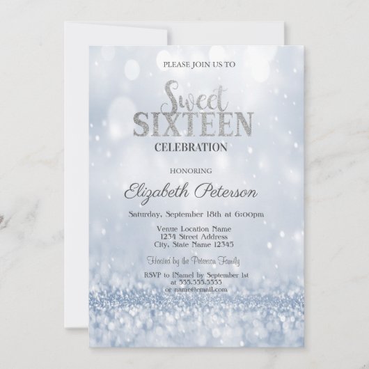 Modern Elegant Blue Glitter Bokeh Sweet 16 Kaart (Voorkant)