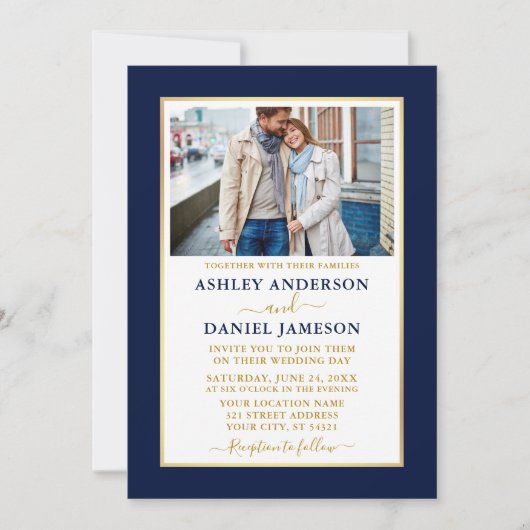 Modern Elegant Blue Gold Wedding Invitation Kaart (Voorkant)