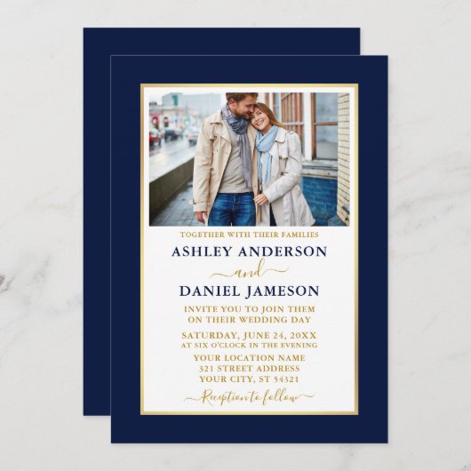Modern Elegant Blue Gold Wedding Invitation Kaart (Voorkant / Achterkant)