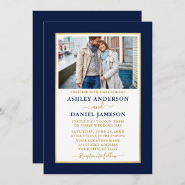 Modern Elegant Blue Gold Wedding Invitation Kaart
