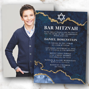 Modern Elegant Blue Marble Bar Mitzvah Foto Kaart