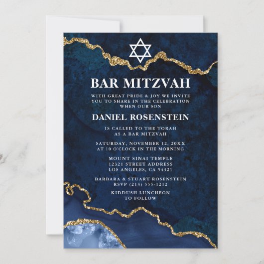 Modern Elegant Blue Marble Bar Mitzvah Foto Kaart (Voorkant)