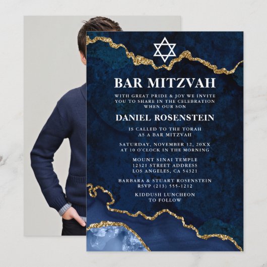 Modern Elegant Blue Marble Bar Mitzvah Foto Kaart (Voorkant / Achterkant)