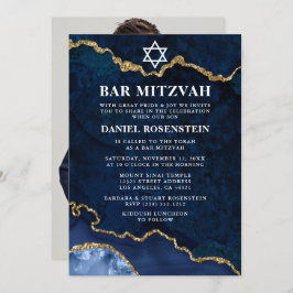 Modern Elegant Blue Marble Bar Mitzvah Foto Kaart