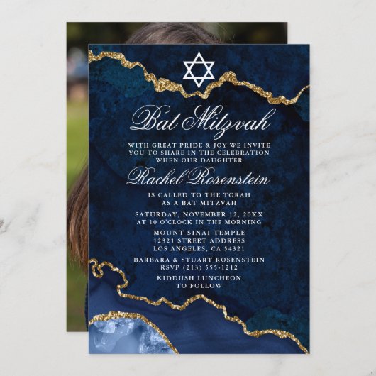 Modern Elegant Blue Marble Bat Mitzvah Foto Kaart (Voorkant / Achterkant)