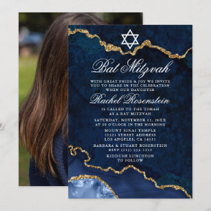 Modern Elegant Blue Marble Bat Mitzvah Foto Kaart