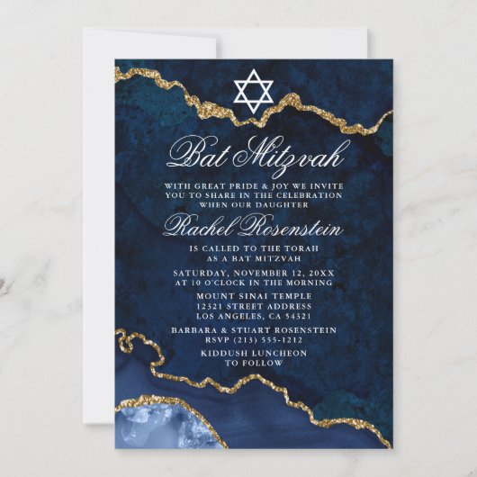 Modern Elegant Blue Marble Geode Bat Mitzvah Kaart (Voorkant)