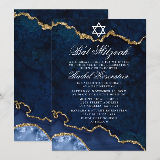 Modern Elegant Blue Marble Geode Bat Mitzvah Kaart (Voorkant / Achterkant)