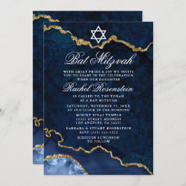 Modern Elegant Blue Marble Geode Bat Mitzvah Kaart