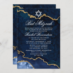Modern Elegant Blue Marble Geode Bat Mitzvah Kaart