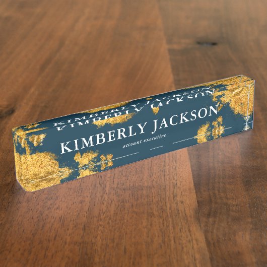 Modern Elegant Blue Navy Gold Desk Name Bord Naambordje (Zijkant)