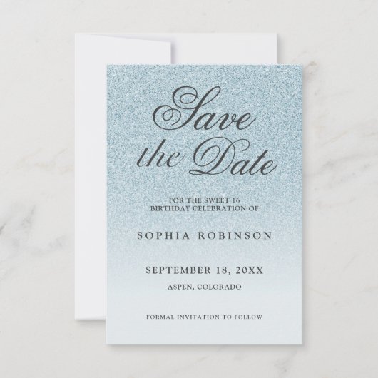 Modern Elegant Blue Save the Date Sweet 16 (Voorkant)