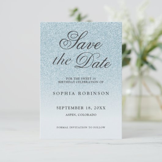 Modern Elegant Blue Save the Date Sweet 16 (Staand voorkant)