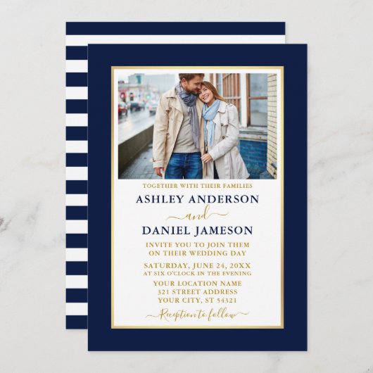 Modern Elegant Blue Striped Gold Wedding Kaart (Voorkant / Achterkant)