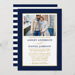 Modern Elegant Blue Striped Gold Wedding Kaart