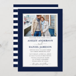 Modern Elegant Blue Striped Silver Wedding Kaart