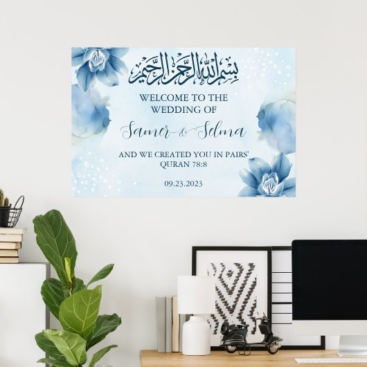 Modern Elegant Blue Welkom Moslim Bruiloft Poster (Thuiskantoor)