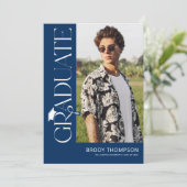 Modern Elegant Blue & White 3 Photo Graduation Kaart (Staand voorkant)