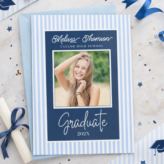 Modern Elegant Blue White Photo Graduation Aankondiging