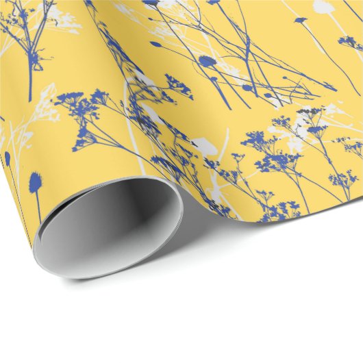 Modern Elegant Blue Wildflower op Mustard Yellow Cadeaupapier (Rol Hoek)
