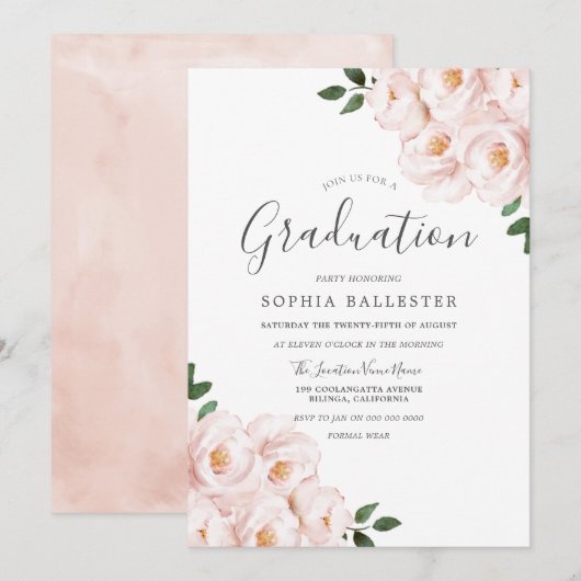 Modern Elegant Blush Flowers Graduation Party Kaart (Voorkant / Achterkant)