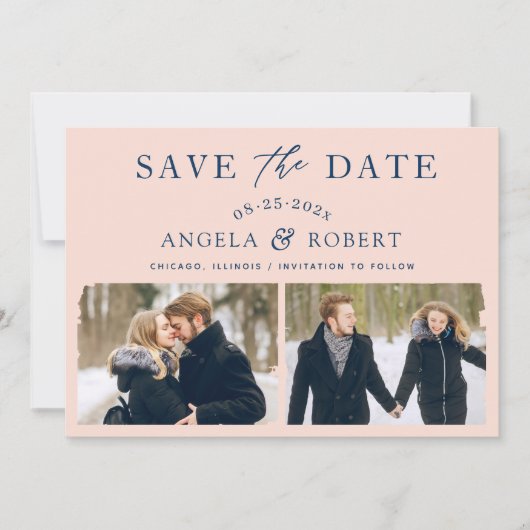 Modern Elegant Blush Navy Slag 2 Foto Save The Date (Voorkant)