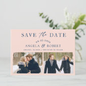 Modern Elegant Blush Navy Slag 2 Foto Save The Date (Staand voorkant)