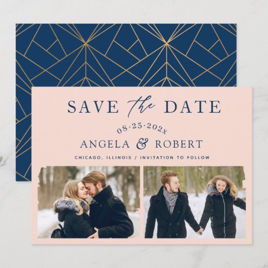 Modern Elegant Blush Navy Slag 2 Foto Save The Date (Voorkant / Achterkant)