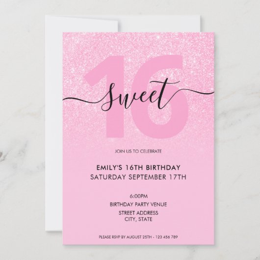 Modern Elegant Blush Pink Glitter Sweet 16 Kaart (Voorkant)